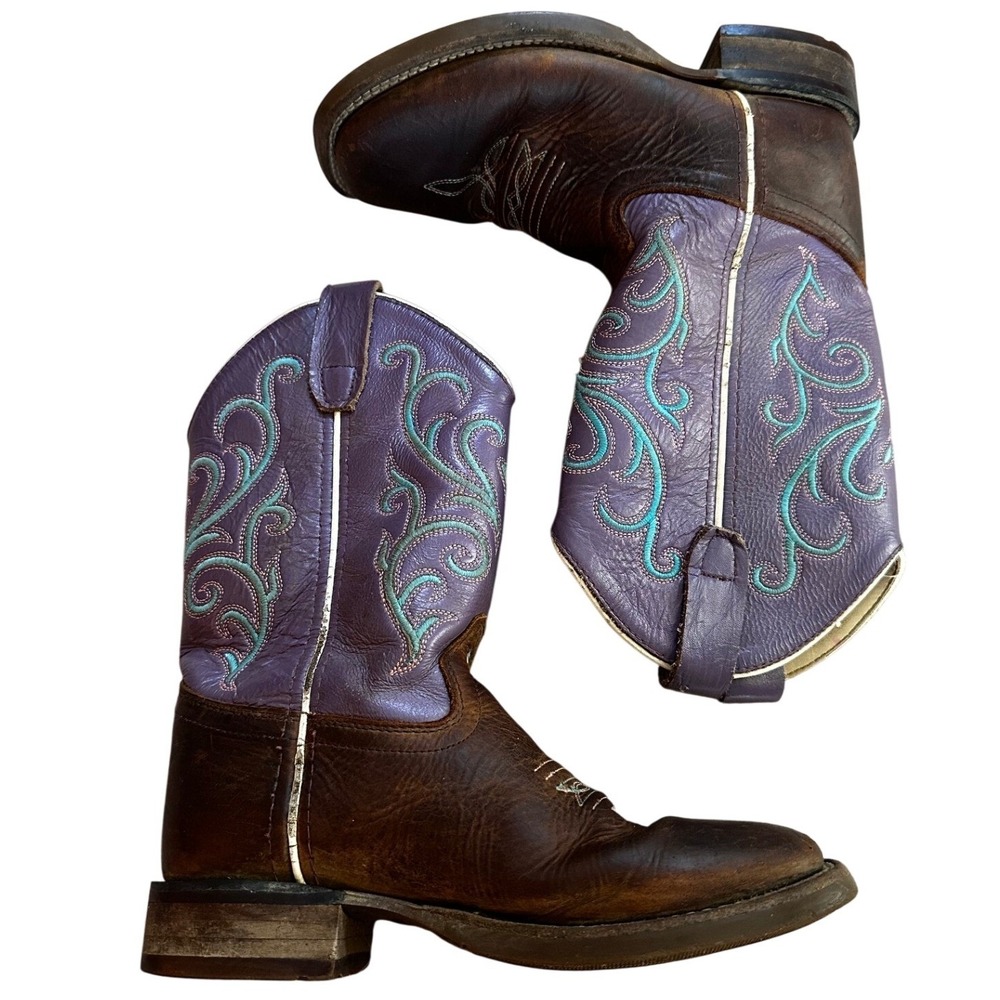 Old West Purple Brown Leather Embroidered Cowboy Boots Kid's 1.0 D